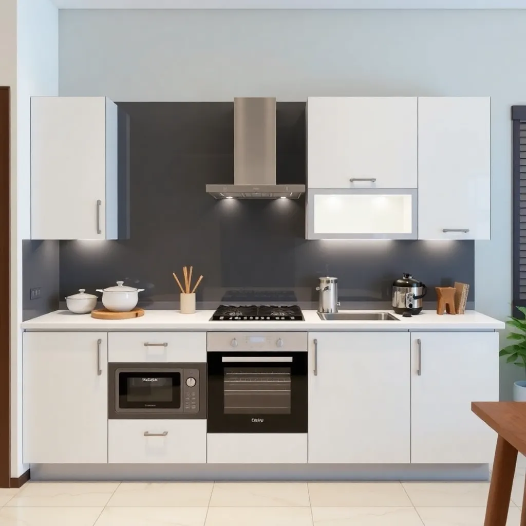 Dapur modern dengan peralatan dapur lengkap seperti blender, oven, dan kompor gas dengan desain minimalis dan pencahayaan alami