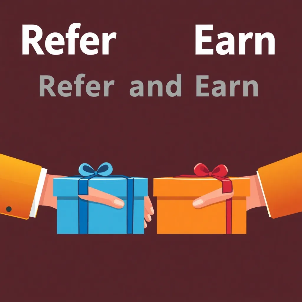 Illustration of two hands exchanging gift boxes representing refer and earn program