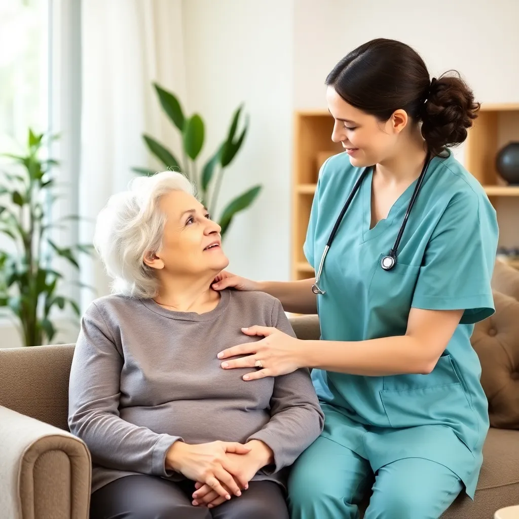 Caregiver gently assisting an elderly woman with dementia in a cozy living room, showing compassion and patience