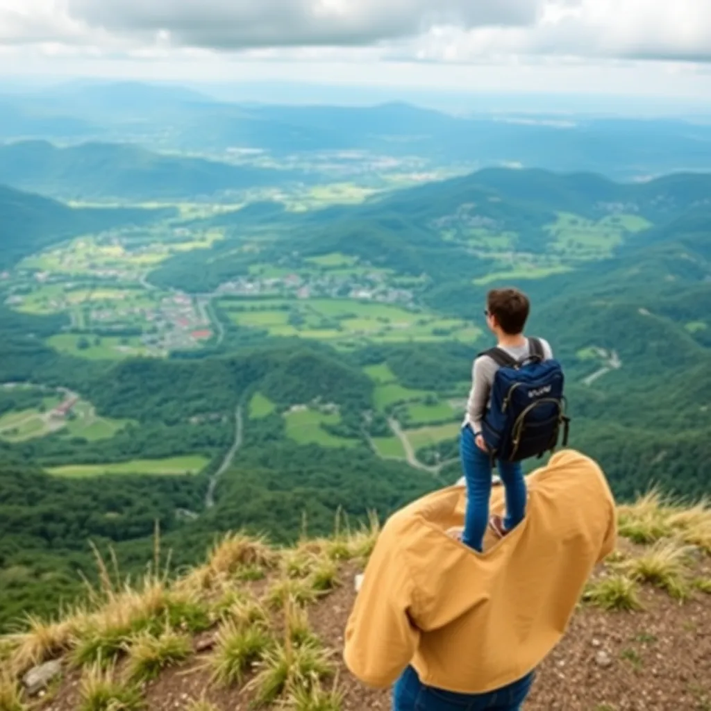 Man standing on hill overlooking green valley