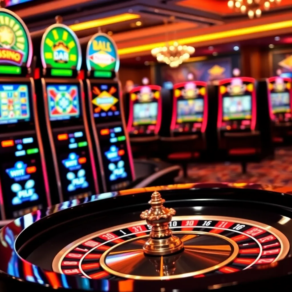 Casino slot machines and roulette table with vibrant lights and chips