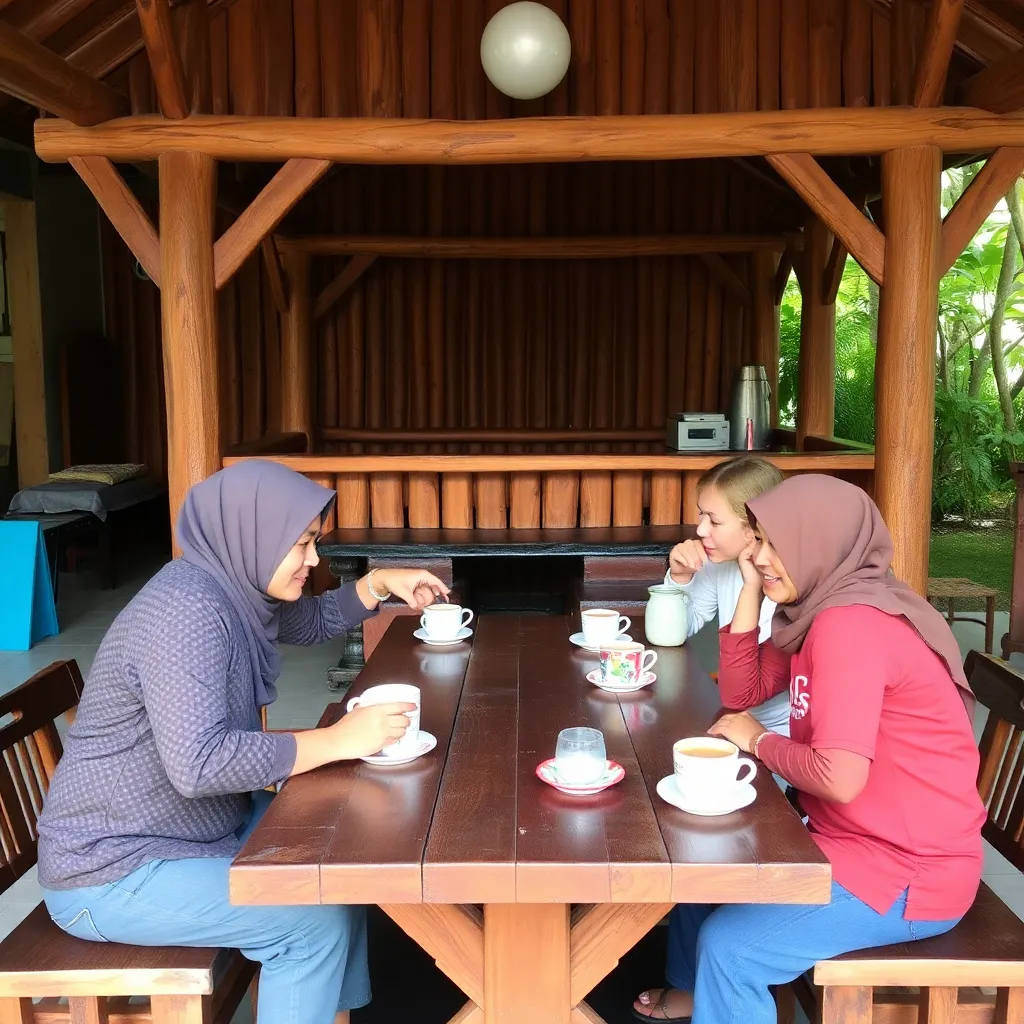 Meja kayu dengan beberapa cangkir kopi berbeda jenis dan latar belakang senja berwarna jingga