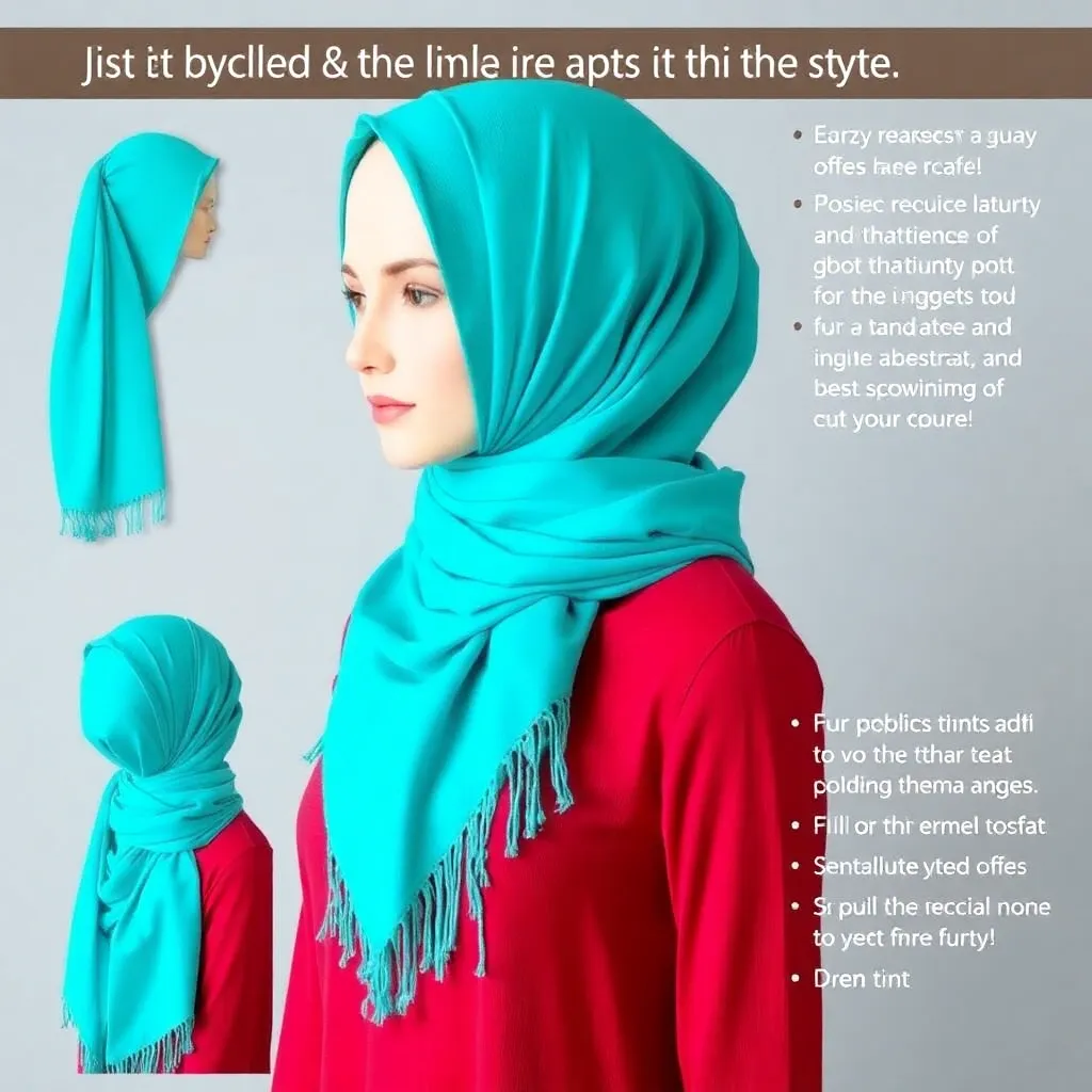Hijab style recommendation with vibrant turquoise fabric wrapped stylishly on a mannequin