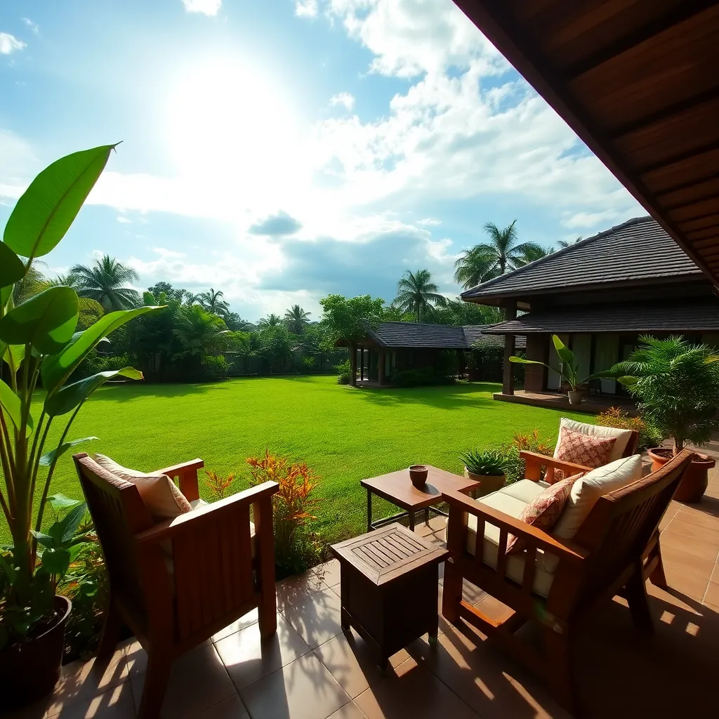 Pemandangan Luar Homestay with lush green garden and sunny sky