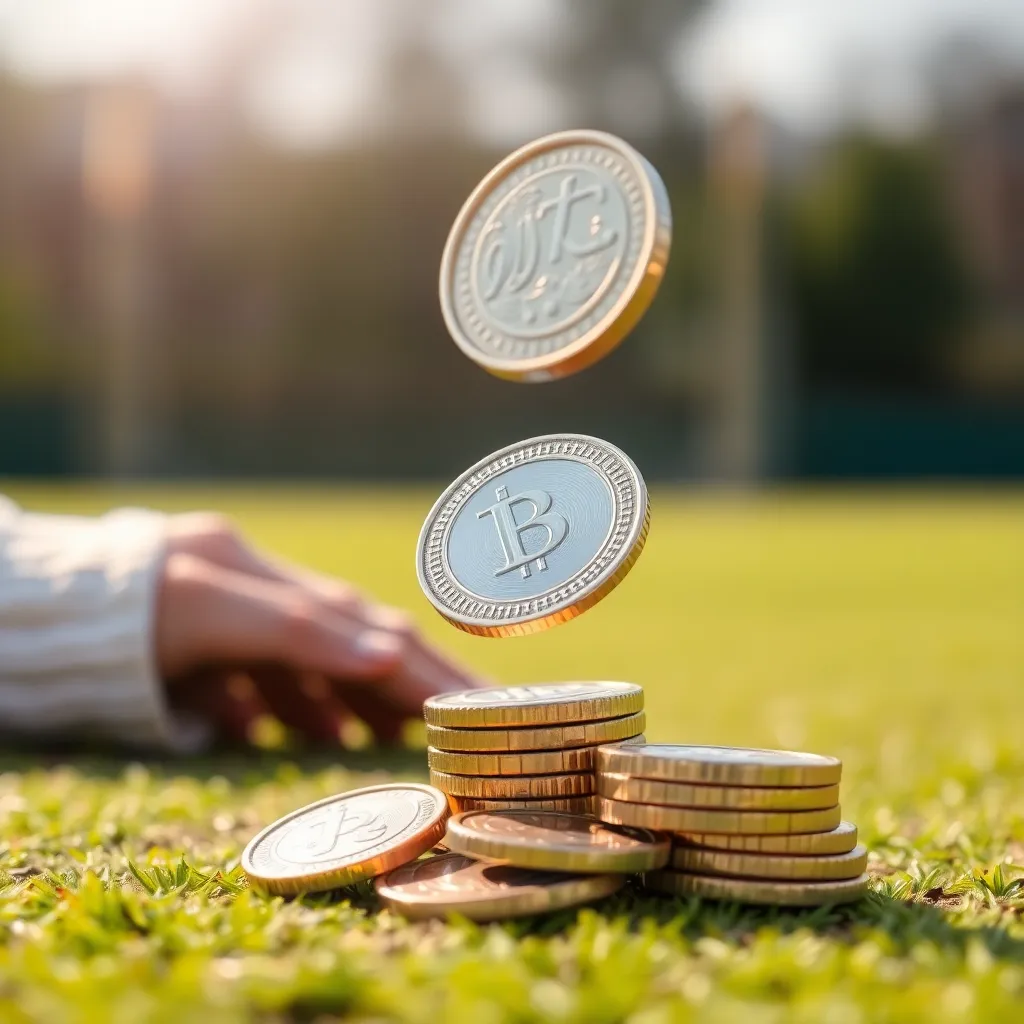 Close-up image of a cricket coin toss with a silver coin flipping in the air on a cricket field background