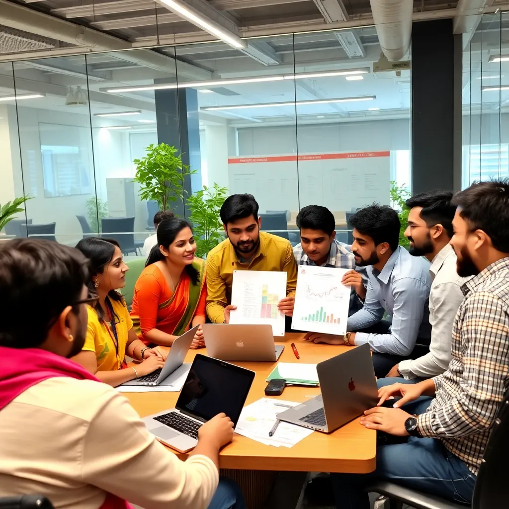 Group of diverse people collaborating and discussing BharatClub lottery agent program with laptops and charts in a modern office environment