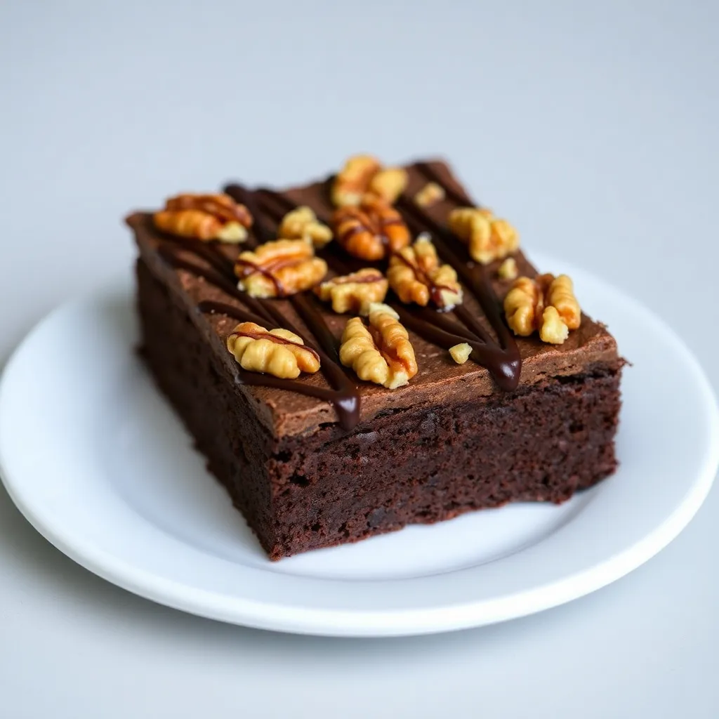 Square piece of chocolate brownie topped with walnuts and chocolate drizzle on a white plate