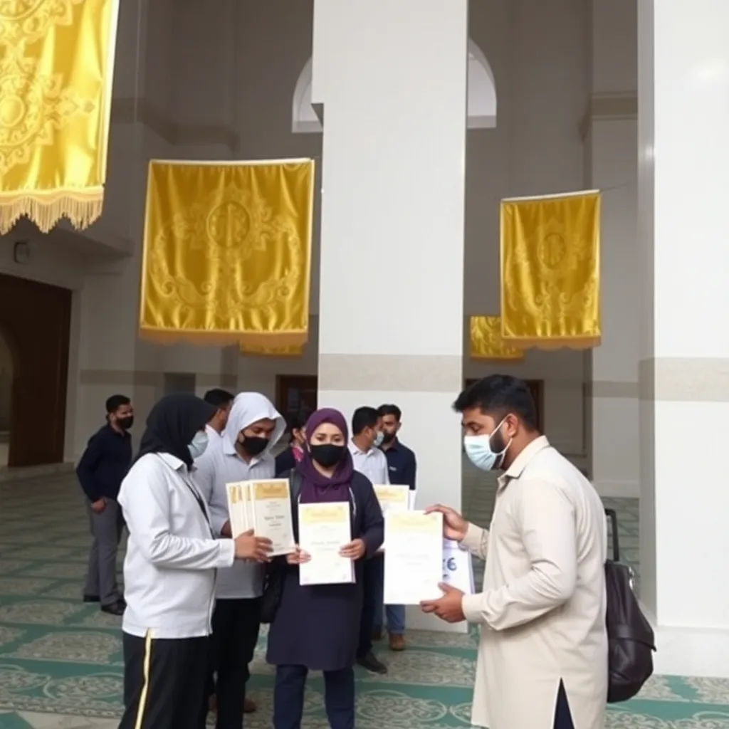 Volunteers collecting Zakat and Infaq donations at Masjid Nur Asiah with golden themed banners