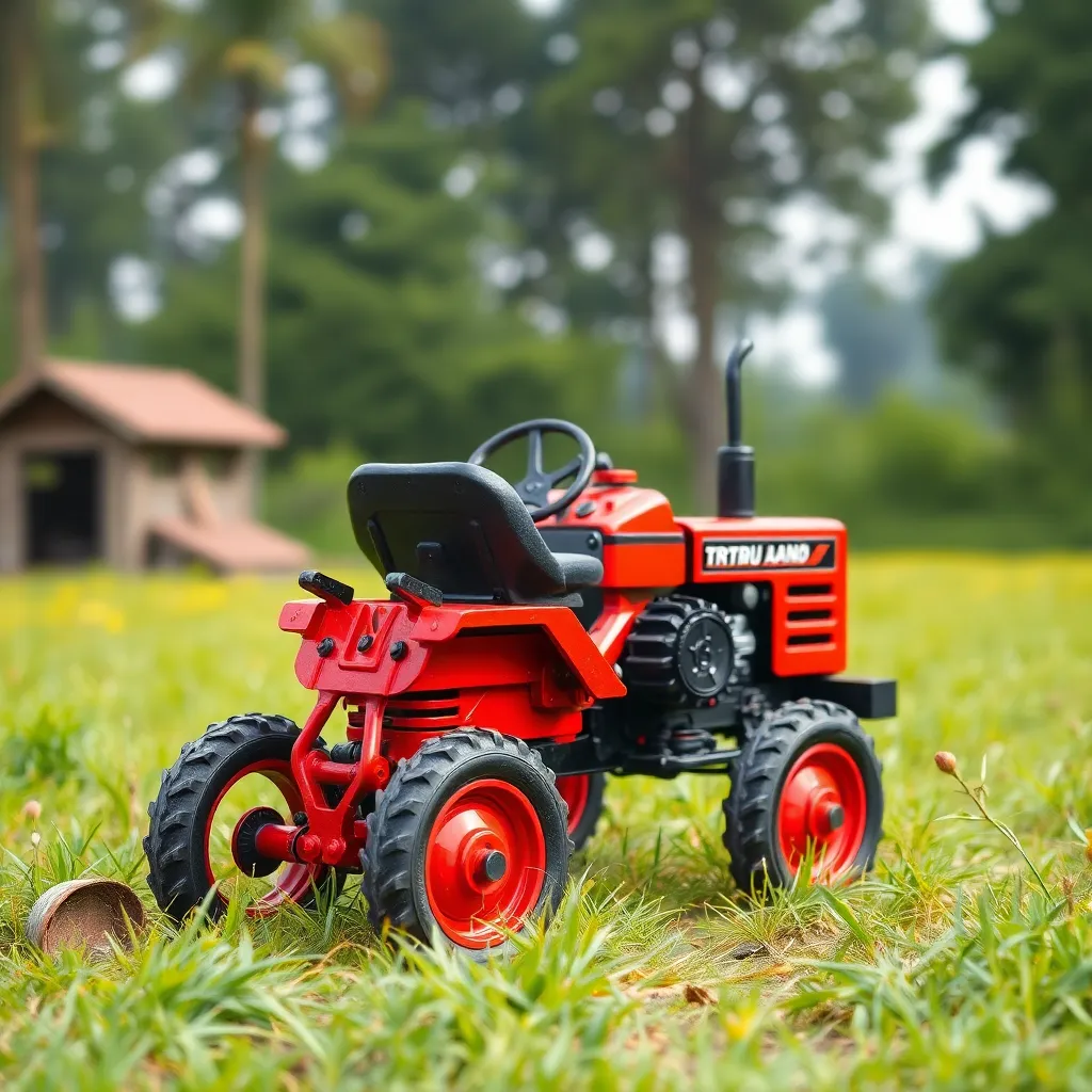 Mesin traktor mini berwarna merah dengan latar belakang ladang pertanian