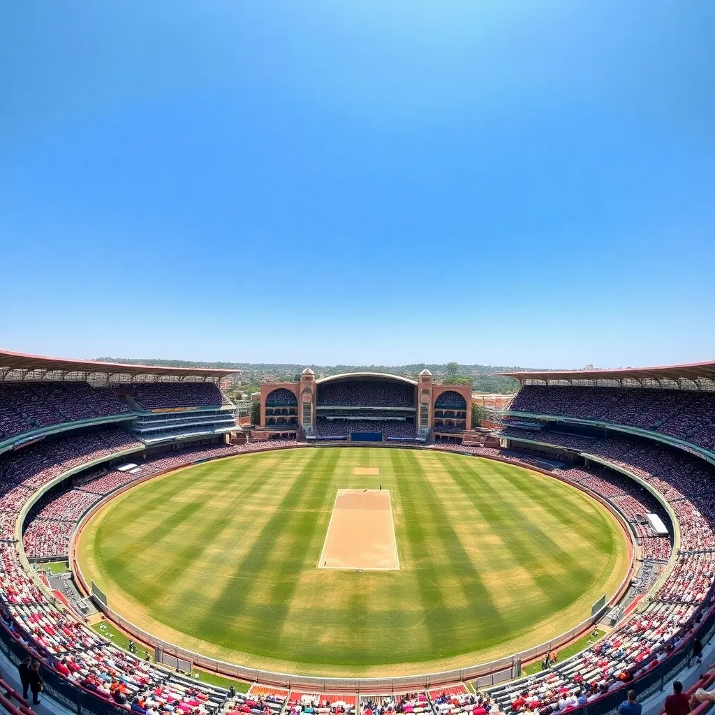 Wide view of Sawai Mansingh Stadium in Jaipur with cricket pitch and stands filled with spectators during a sunny day