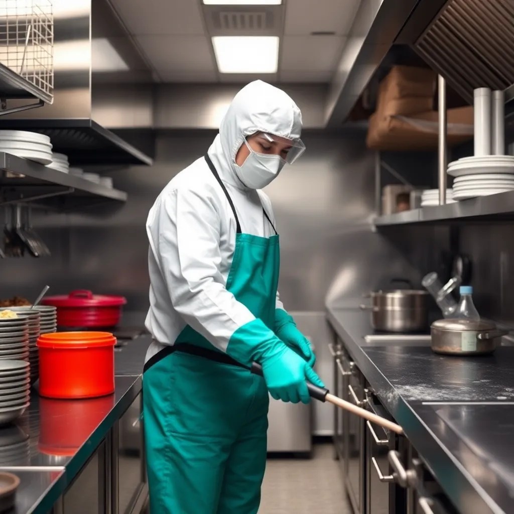 Sanitation and cleaning service after pest control treatment in a commercial kitchen