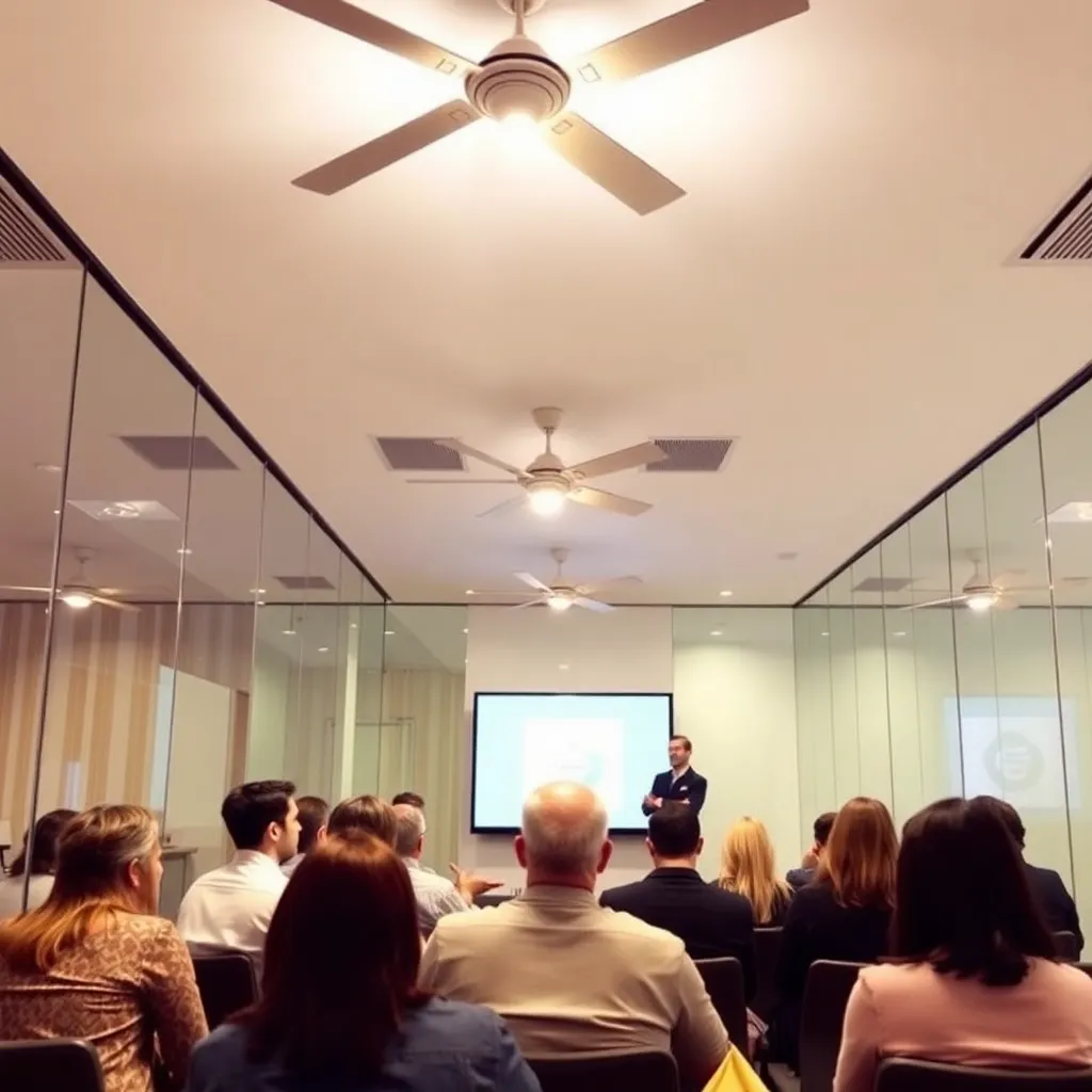 People in a modern office meeting room with glass partitions, ceiling fans, and a presenter in front of a screen