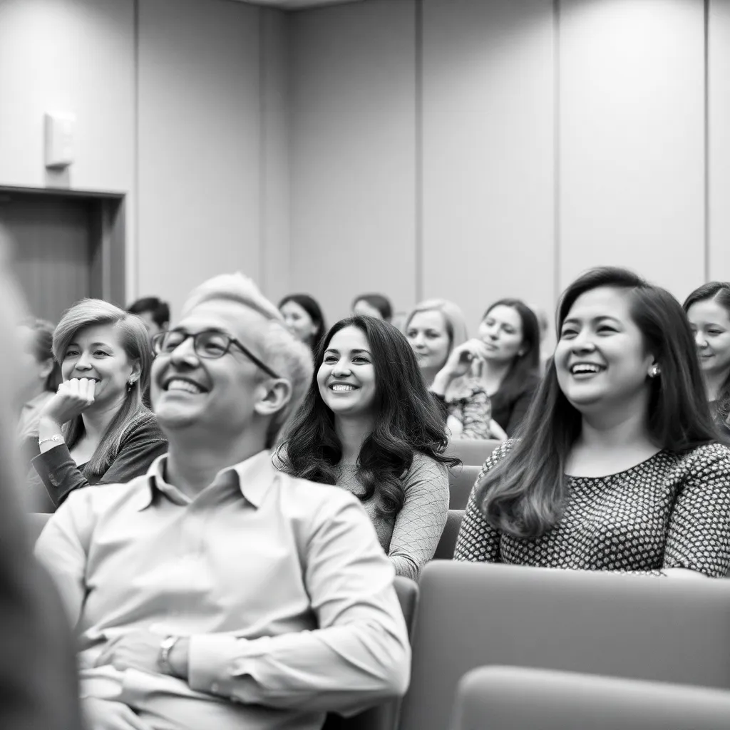 Black and white photo of people in a meeting room, some smiling and looking engaged