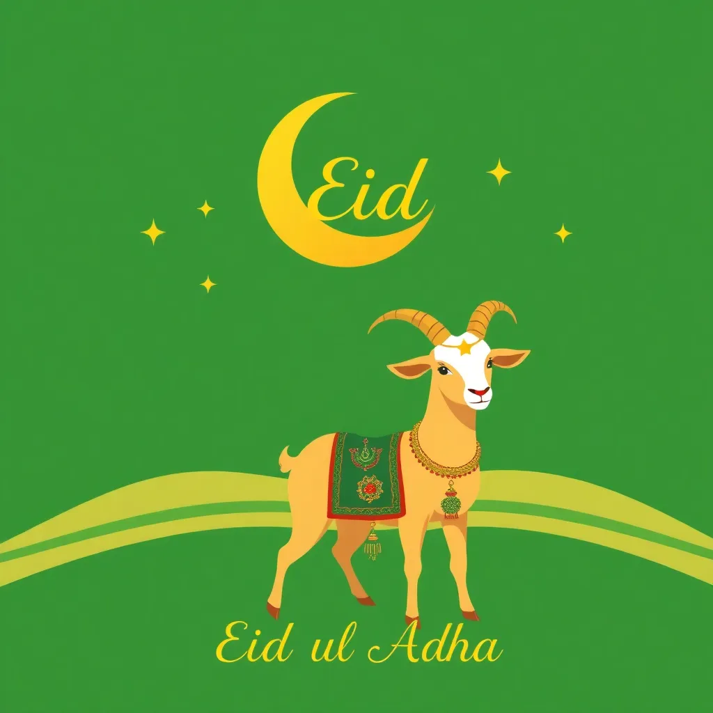 Festive Eid ul-Adha themed illustration showing a golden crescent moon, shining stars, and a sacrificial goat decorated with traditional ornaments, all in vibrant green and gold colors symbolizing celebration and blessing