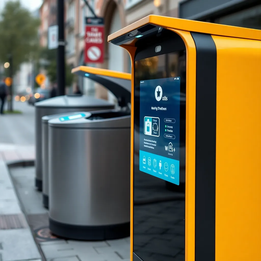 Smart waste bins with sensors and digital display in urban environment