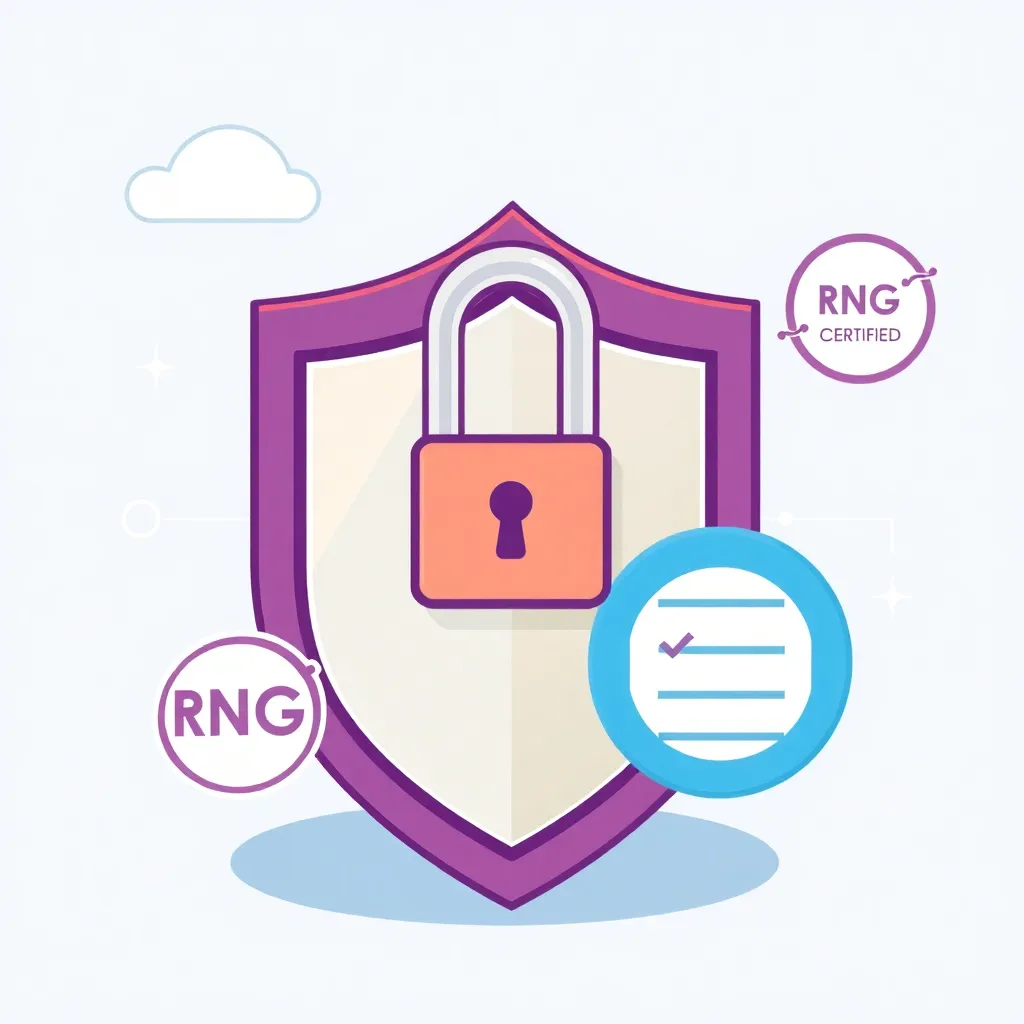 Illustration of shield with lock, RNG certified stamp, and audit checklist