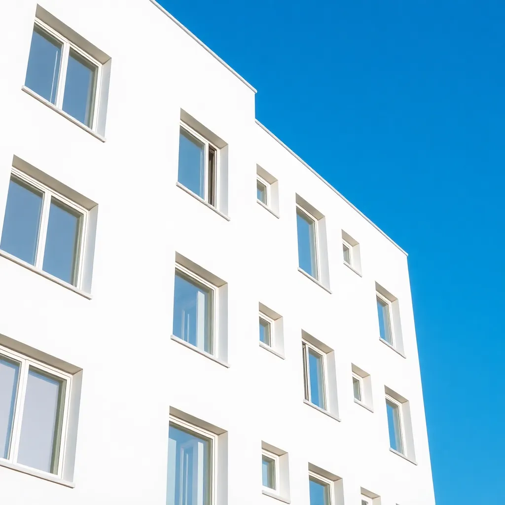 White modern building with multiple windows and blue sky background