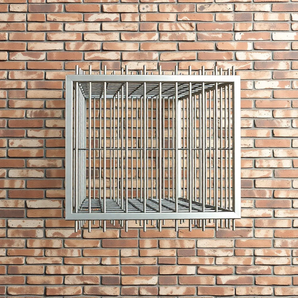 Metallic cube structure with rods on a brick wall background