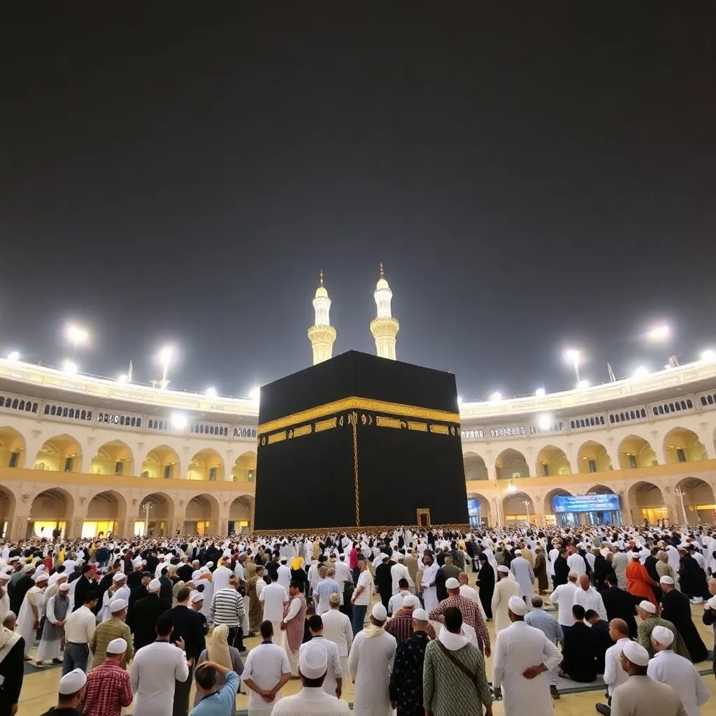 Group of pilgrims performing Umrah prayer near the Kaaba inside the Grand Mosque in Makkah