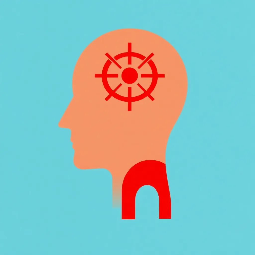 Icon of a human head with a target on the forehead and a red arch on the chest