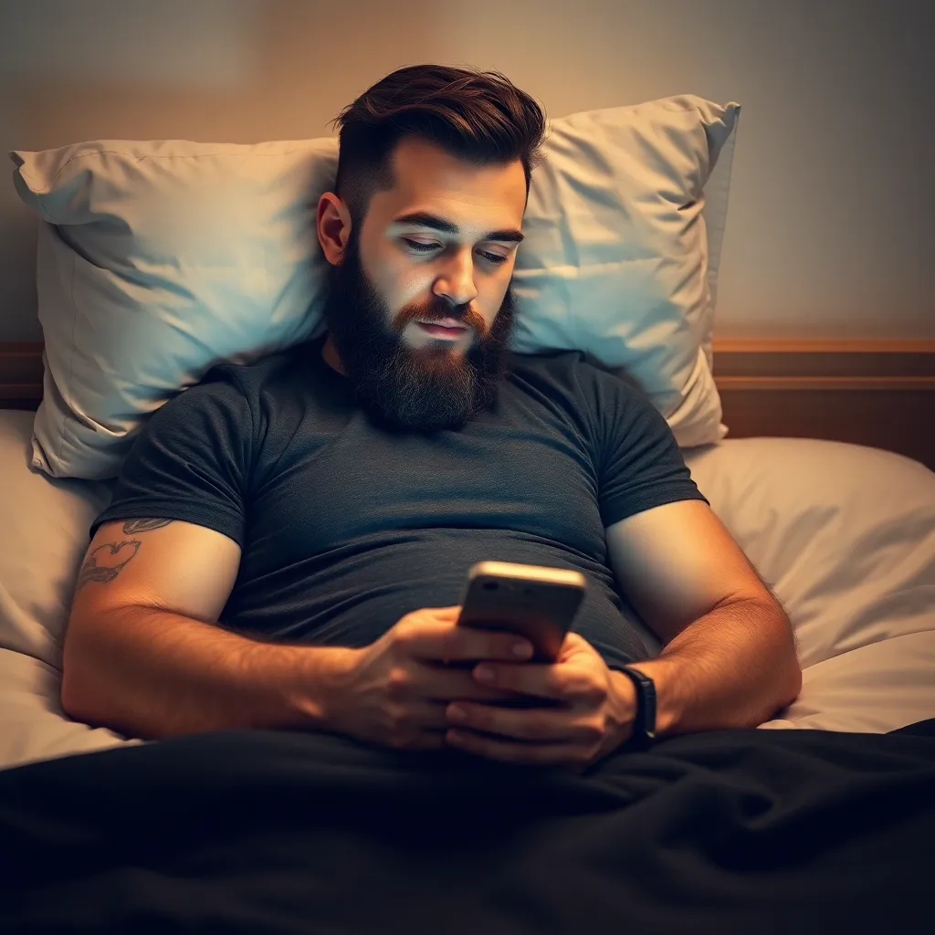 Man with beard lying on bed looking at phone