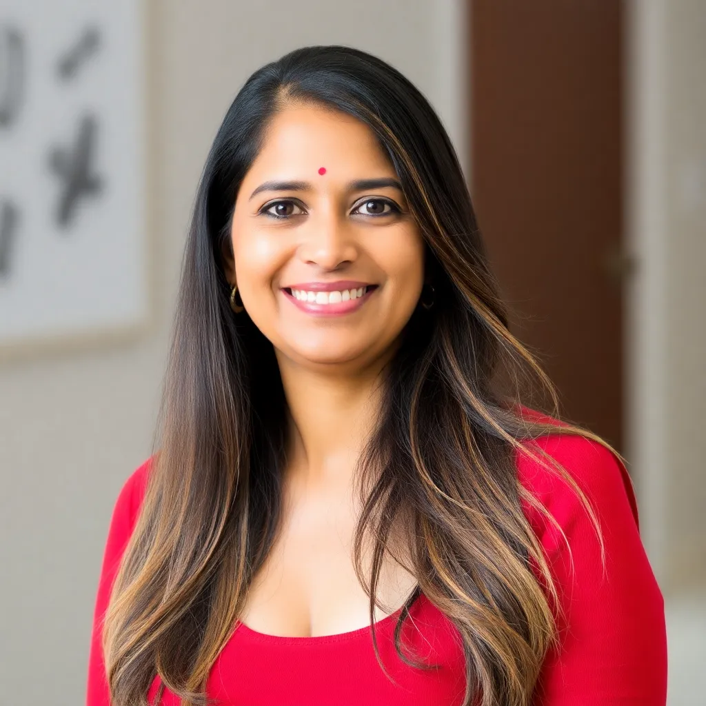 Photo of client Mrs. Meera Patel smiling, middle-aged woman with long hair, wearing a red top