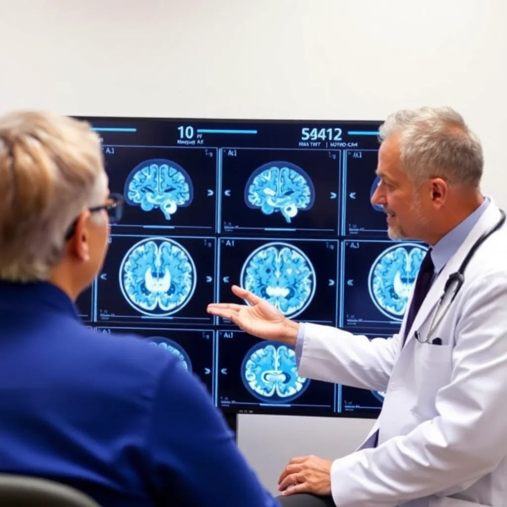 Neurology clinic with brain scan images and neurologist consulting patient, advanced diagnostics
