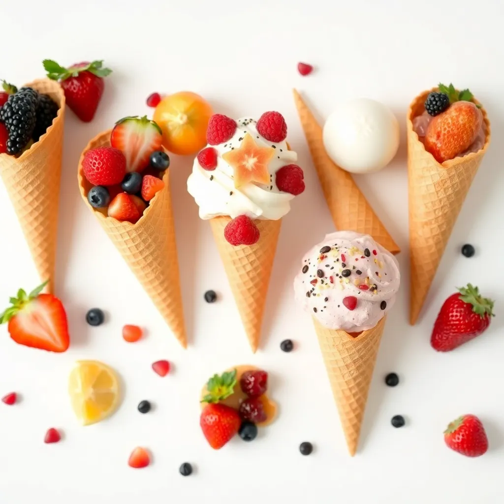 Aneka cone es krim dengan buah-buahan dan topping di atas permukaan putih
