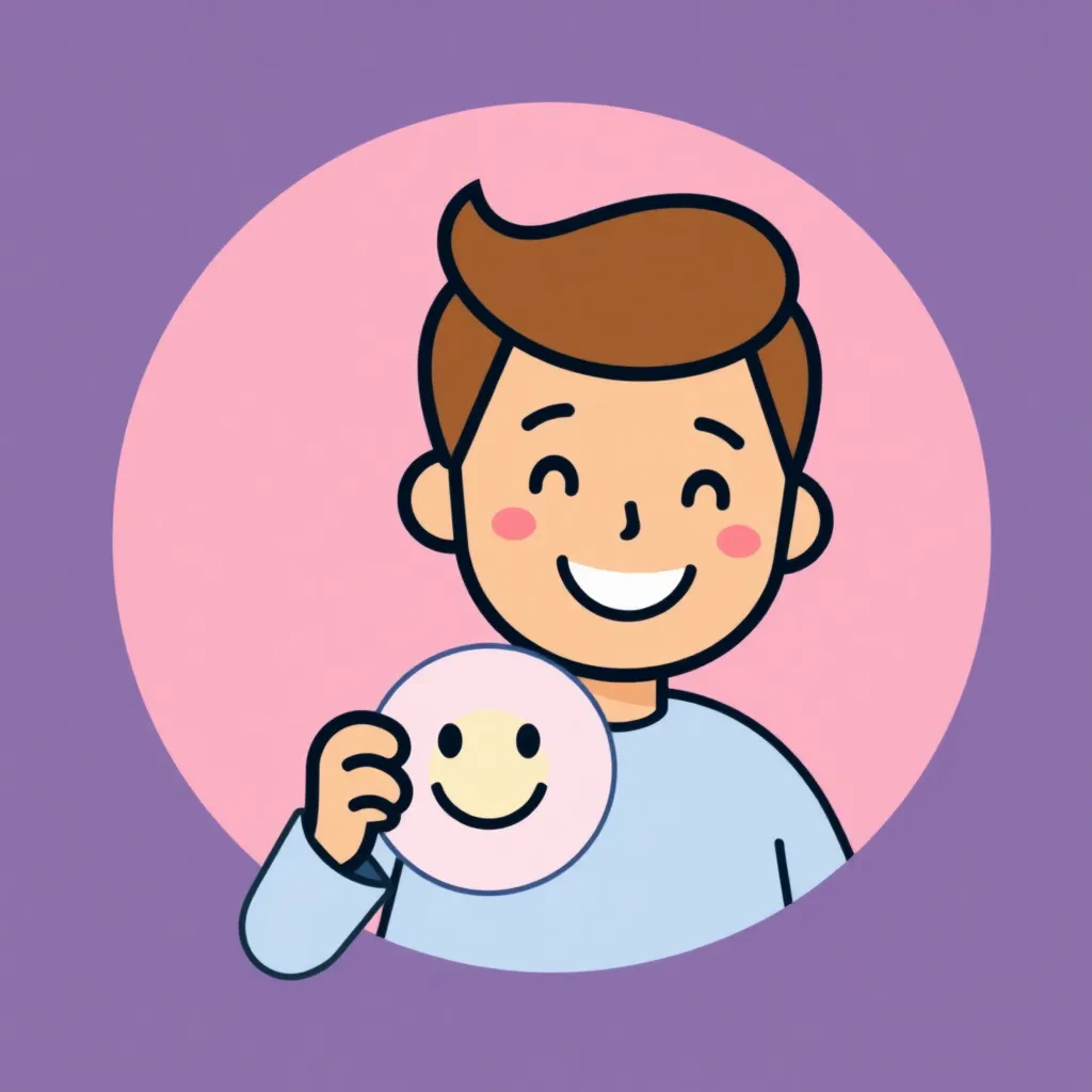 Illustration of a happy user holding a smiley face icon with a pink circular background
