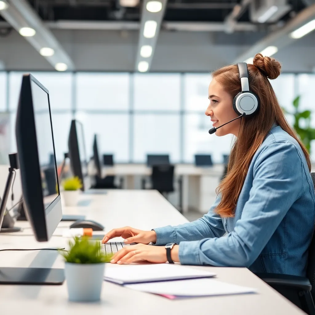 Customer support team member assisting a client via headset in a bright office