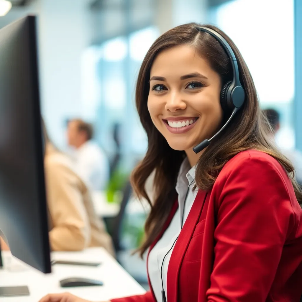 Customer support agent wearing headset smiling in a modern call center environment