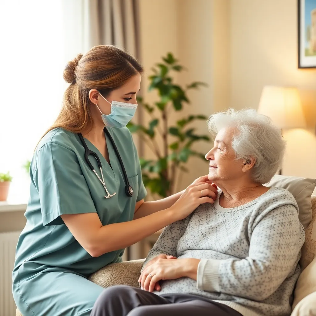 Cancer patient comforted by home care nurse, a nurse providing emotional support to a cancer patient in a peaceful home setting