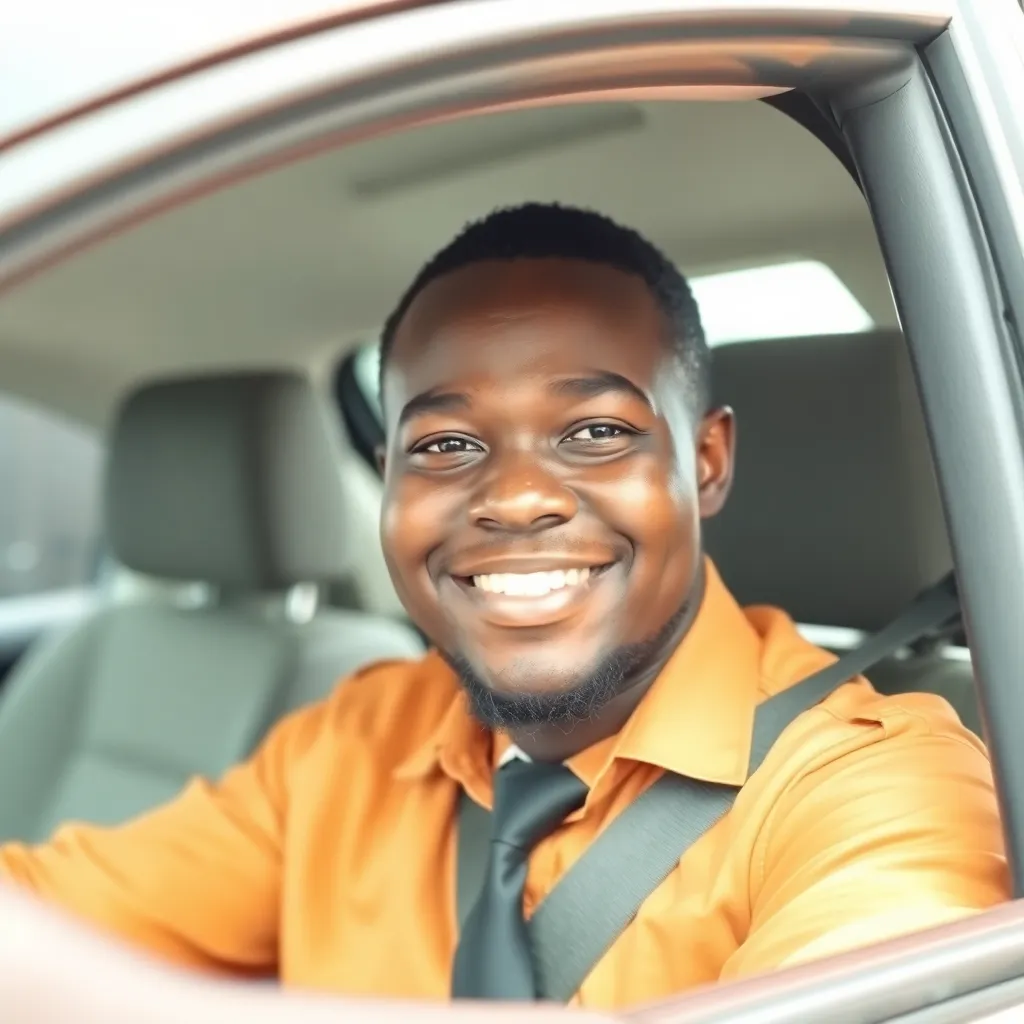 A friendly Nigerian male driver smiling inside his car