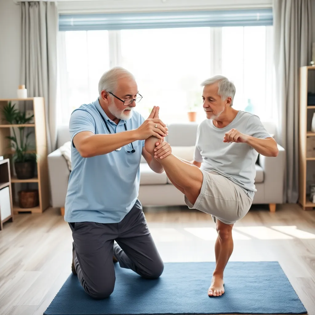 Physiotherapist assisting an elderly man with leg exercises at home in a bright living room