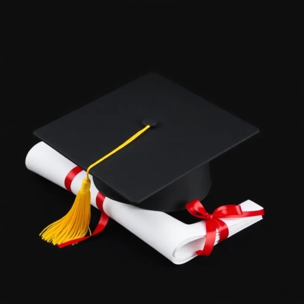 Black graduation cap with yellow tassel resting on a rolled white diploma tied with a red ribbon