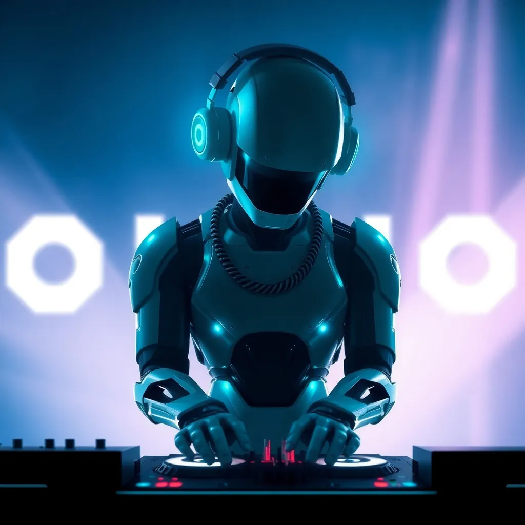 Album cover art featuring a futuristic robot DJ with cyan glowing headphones mixing music