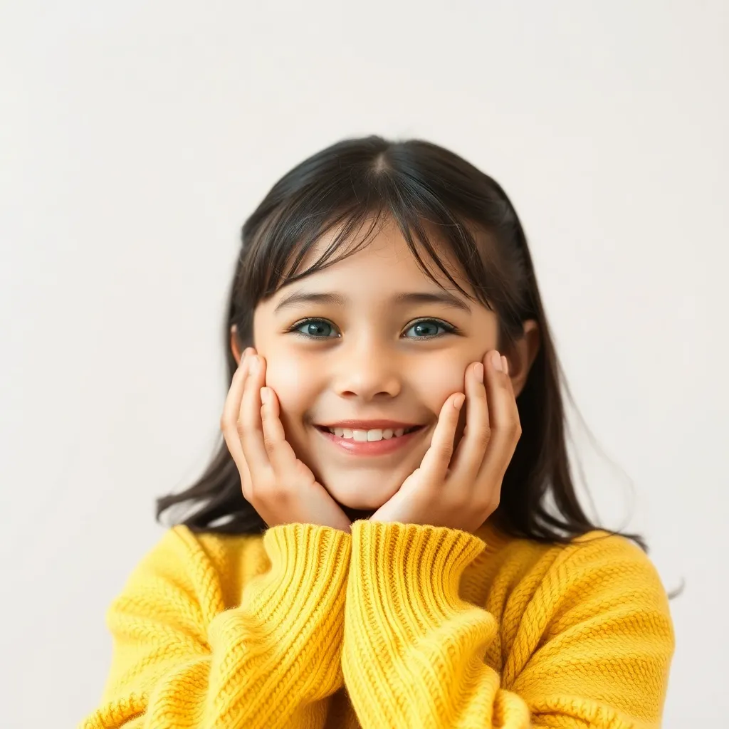Girl wearing yellow sweater with hands on cheeks smiling