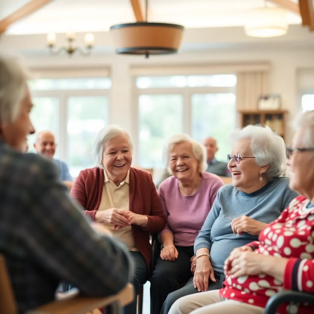 Smiling elderly residents enjoying time together in a bright and welcoming care facility