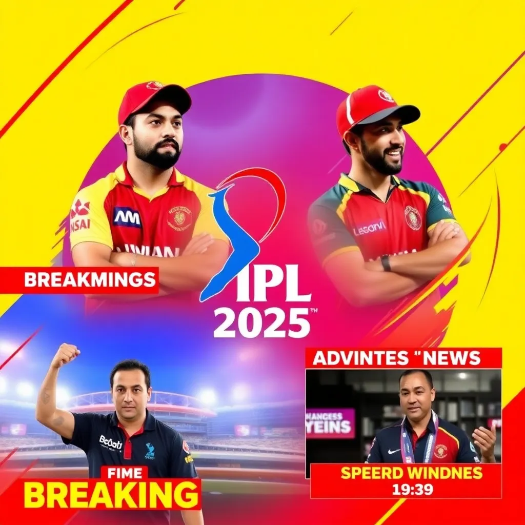 Dynamic IPL 2025 news collage with players, stadium, and breaking news headlines in bold red and yellow colors