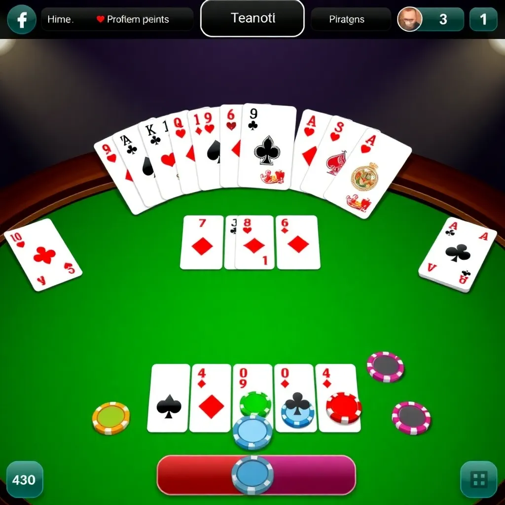 Screenshot of Teen Patti game interface showing colorful cards and chips on a green felt table