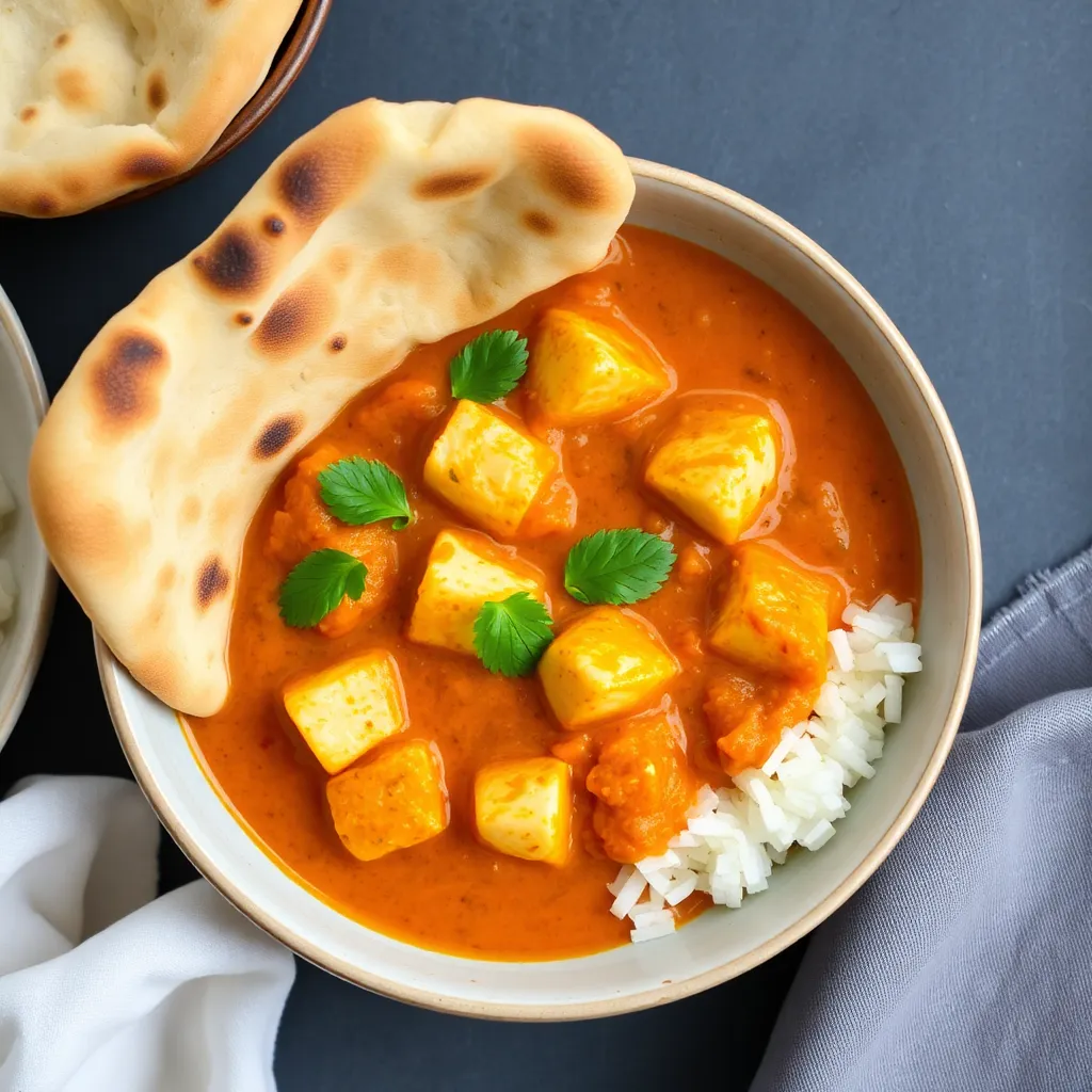 Photo of paneer butter masala served in a bowl with naan bread
