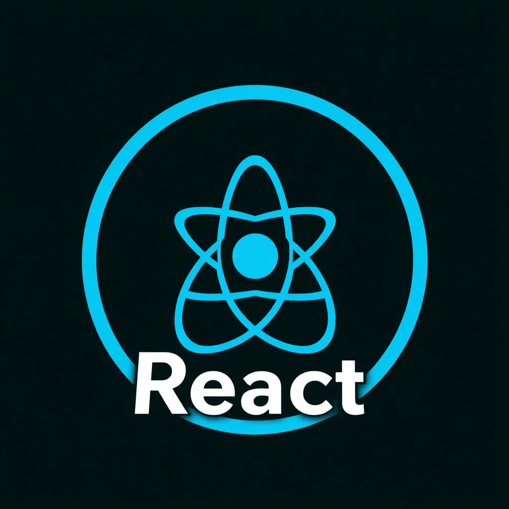 React logo, blue atom with three elliptical orbits