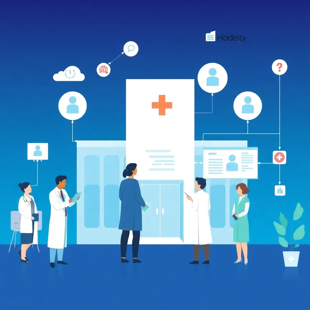Illustration showing hospital management system with doctors, patients, and data flow