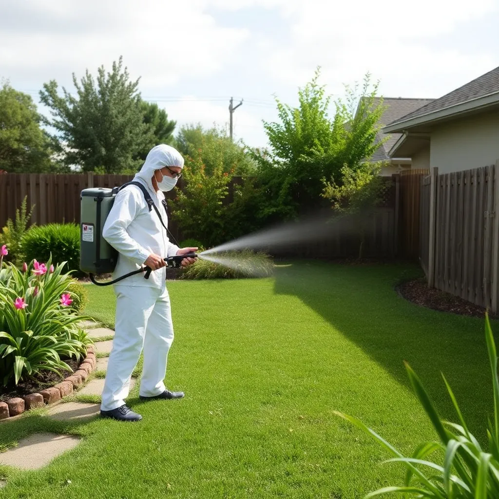 Mosquito control treatment being applied in a backyard with pest control technician spraying insecticide