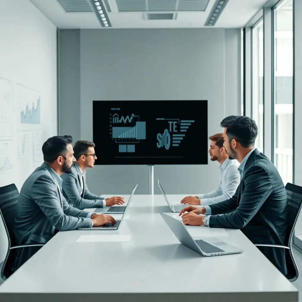Equipo de consultores gerenciales trabajando en una sala moderna con gráficos y laptops