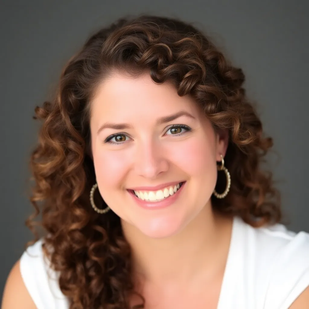 Portrait of Stephanie Fried smiling with curly hair wearing white top