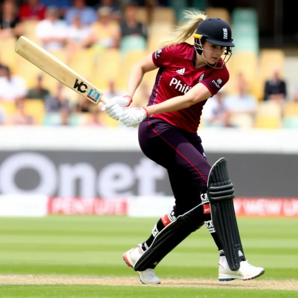 Action shot of Heather Knight batting with a hamstring injury during the 3rd T20I match between England Women and West Indies Women at County Ground, Derby