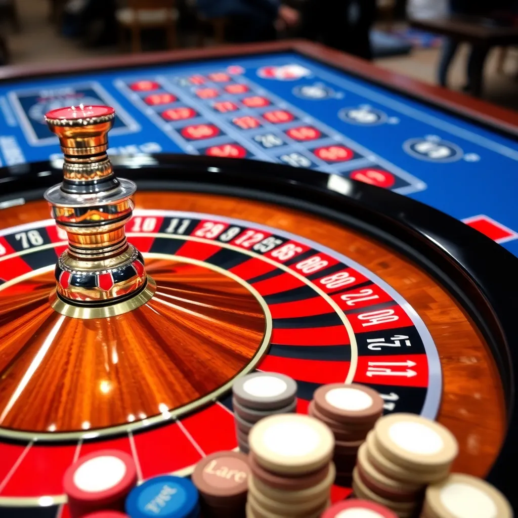 Roulette wheel spinning with chips placed on numbers and colors on a casino table