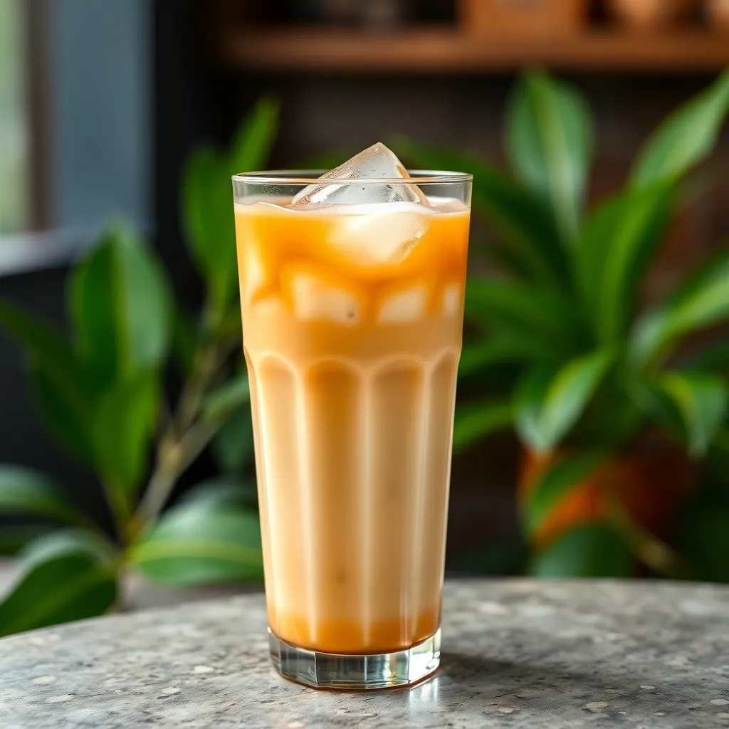 Glass of Thai tea with milk and ice cubes