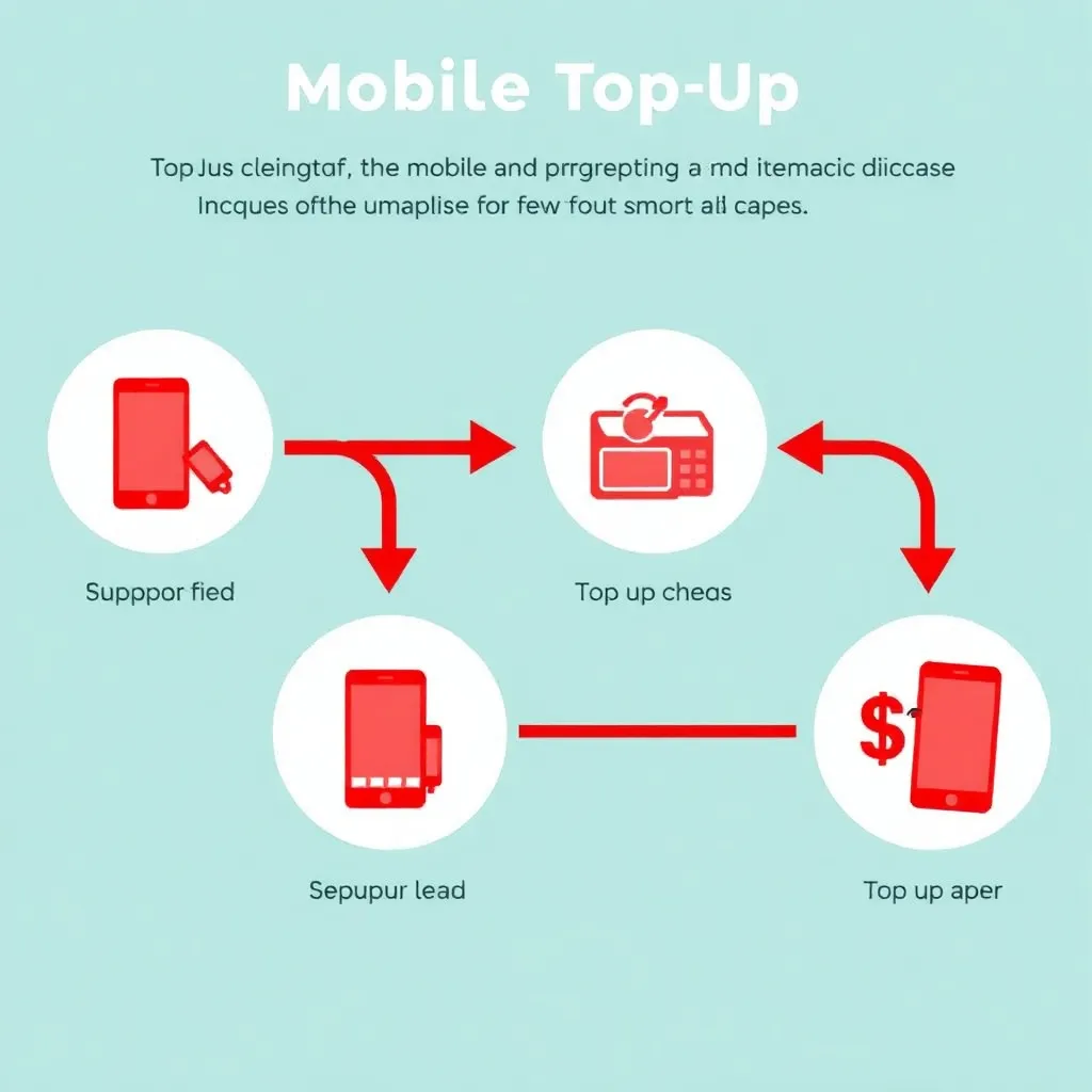 Illustration showing step-by-step mobile top-up process with red themed icons and arrows